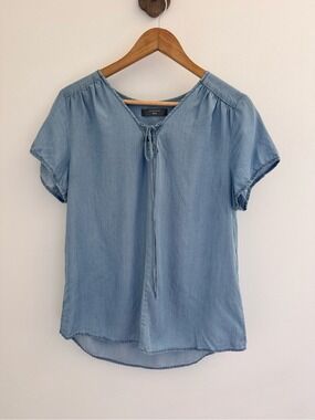Soft Chambray Tie Neck Blouse Blue Minimalist Summer Top
